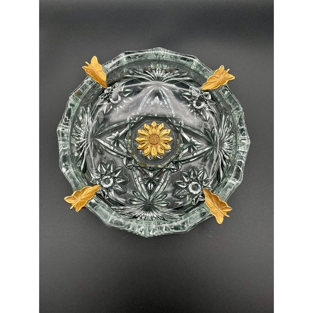 Vintage Mid Century Crystal Cut Glass Ashtray Metal Gold Tone Leaf‎ Rests. Large
